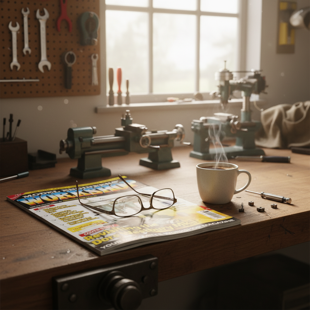 Model Engineers Workshop magazine with coffee and reading glasses for hobbyists