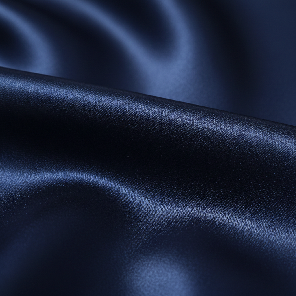 Close-up of navy blue satin fabric showing smooth silky texture and luxurious sheen detail