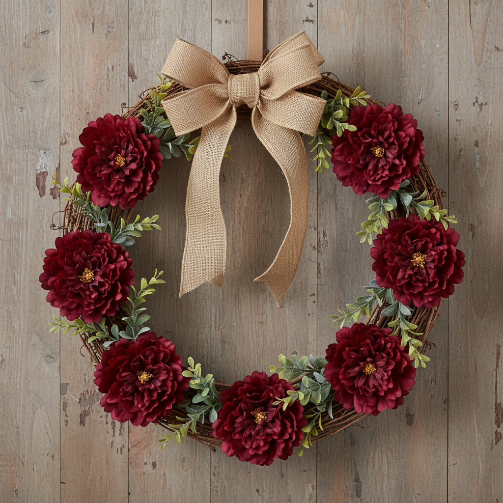 Burgundy red peony flower picks arranged on a country grapevine wreath with greenery and burlap bow, rustic farmhouse wall background