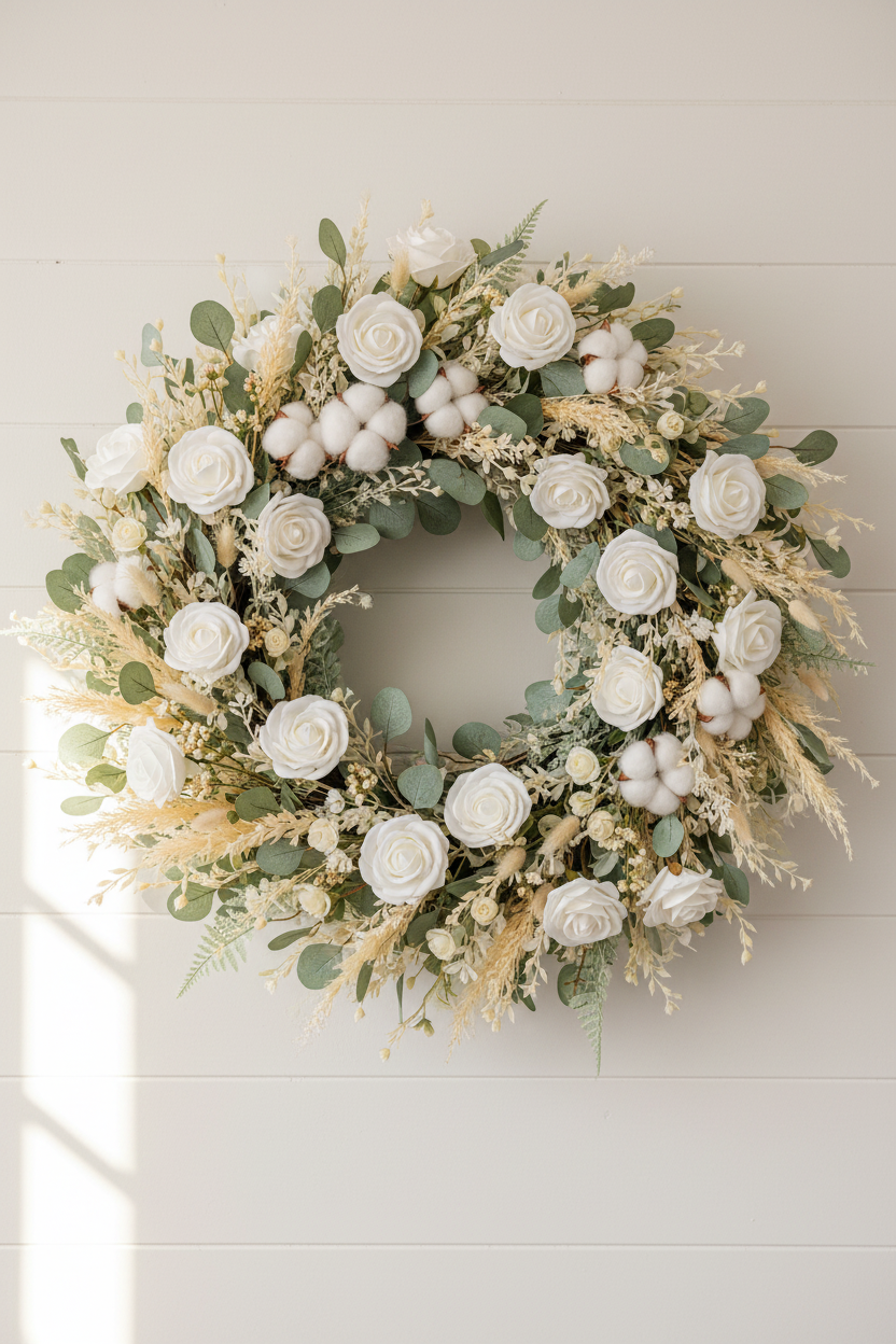 White foam rose heads glued onto a lush farmhouse wreath with dried eucalyptus, cotton stems, and pampas grass on a white shiplap wall