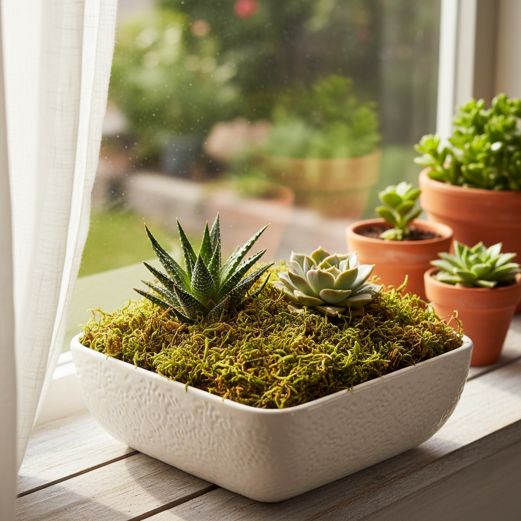 Natural green dried moss used as top dressing in a white ceramic planter with succulents on a sunny windowsill