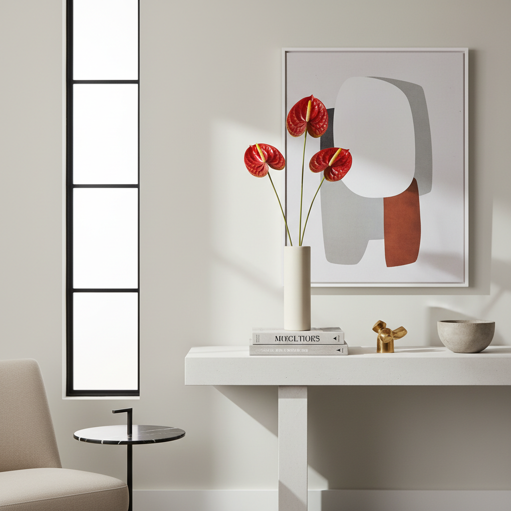 Modern contemporary interior with red Anthurium stems in vase, minimalist styling with designer furniture and natural light