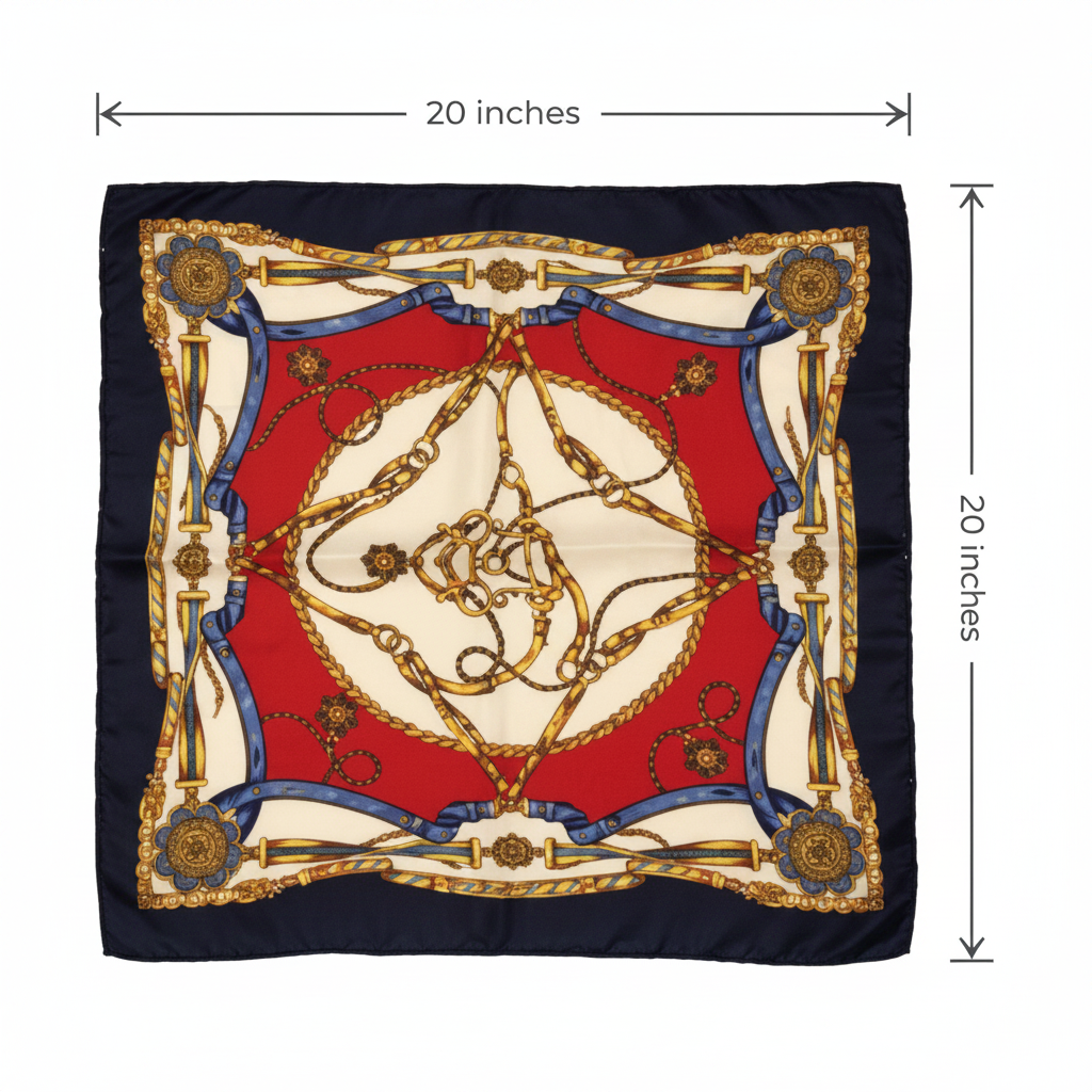 Red navy gold equestrian chain satin square scarf size diagram showing 20 x 20 inch dimensions with measurement lines