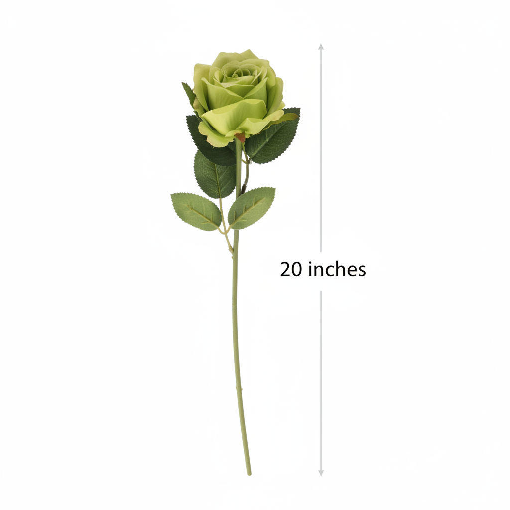 Single lime green faux rose stem flat lay on white background with measurement arrow showing 20 inch stem length