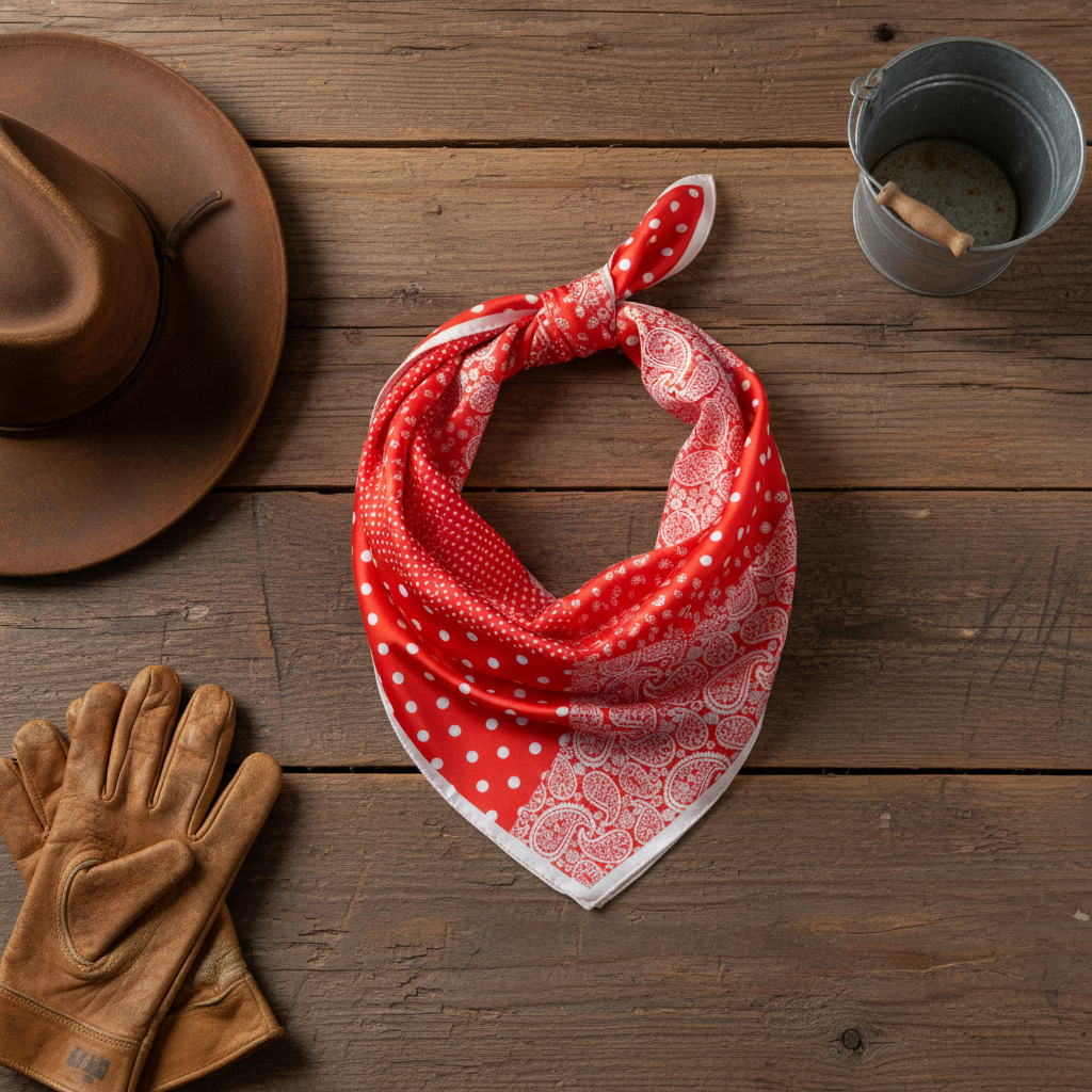 Western flat lay of red and white paisley polka dot patchwork satin square scarf folded as a wild rag on barn wood surface with leather cowboy hat, leather gloves, and galvanized pail