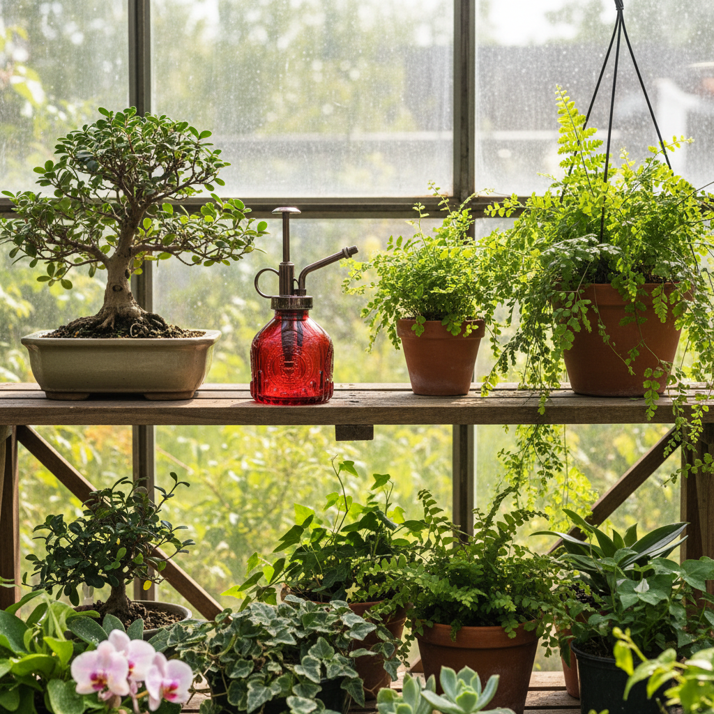 Red glass plant mister on wooden shelf next to bonsai tree and ferns in greenhouse setting