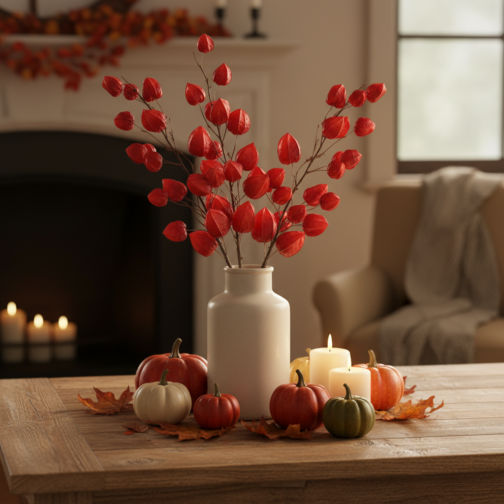 Red burgundy Chinese lantern stems in tall ceramic vase with fall pumpkins and candles on rustic farmhouse table