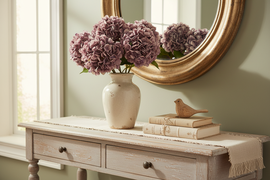 Shabby chic console table styled with lavender purple hydrangea arrangement and French country decor
