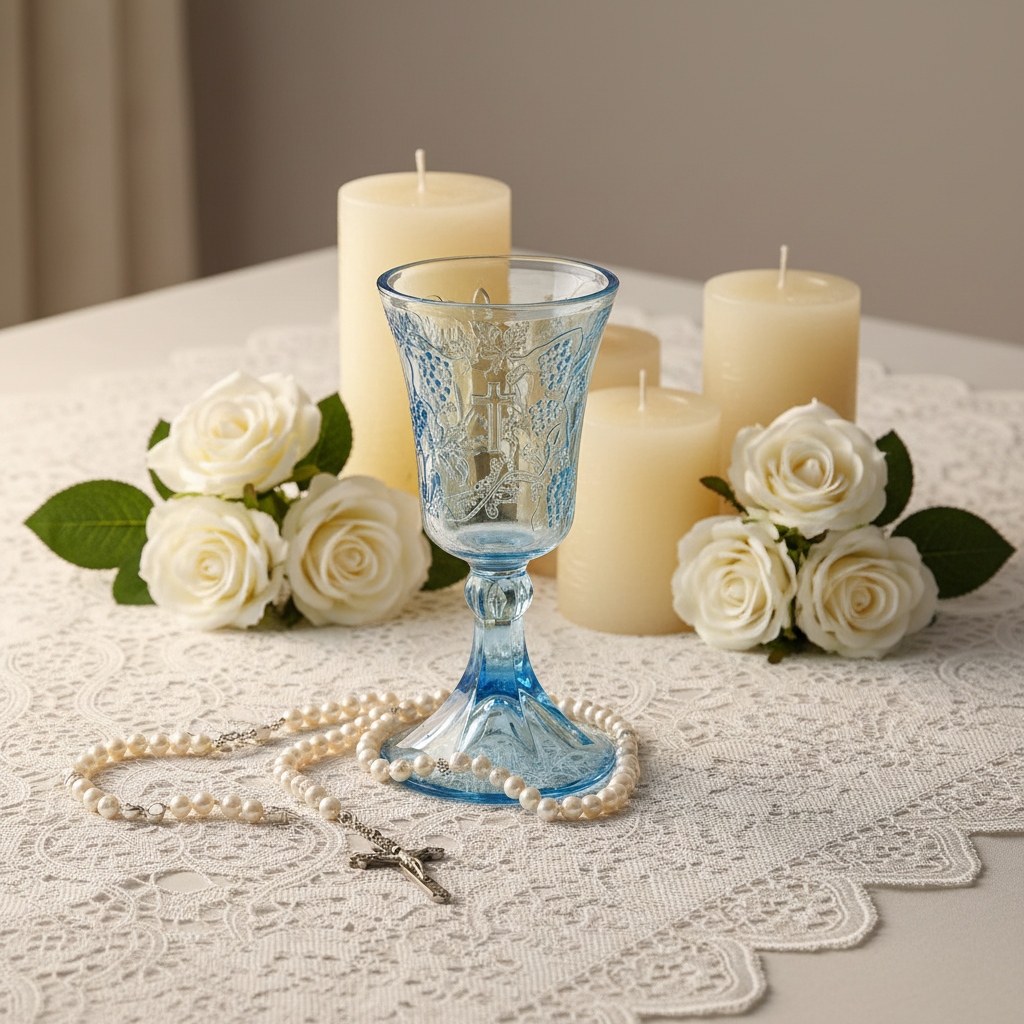 Blue communion chalice styled for wedding or baptism table with white roses and lace tablecloth