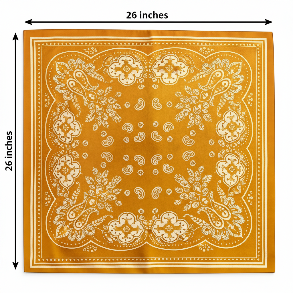 Gold paisley wild rag scarf measurement diagram showing 26x26 inch square dimensions with two measurement arrows on white background