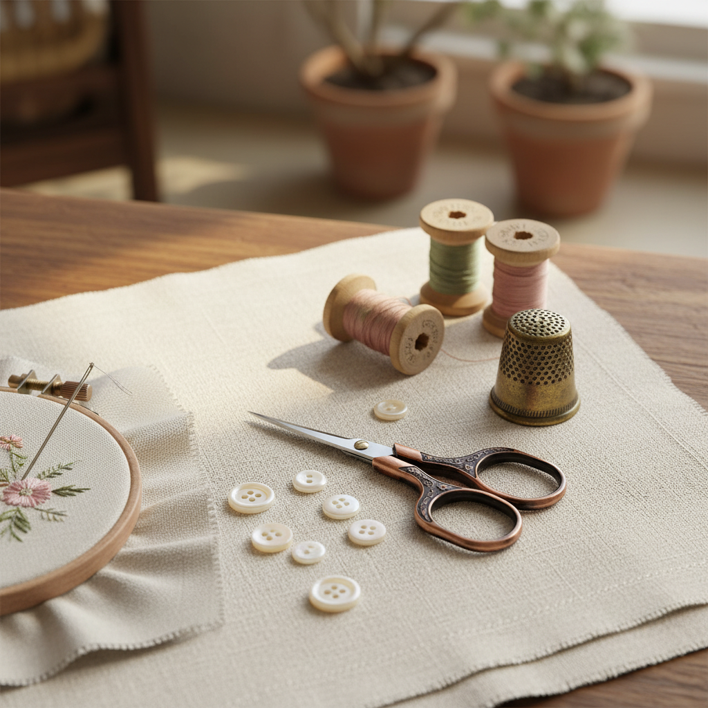 Small ornate embroidery thread snips with copper handles on vintage linen with embroidery supplies