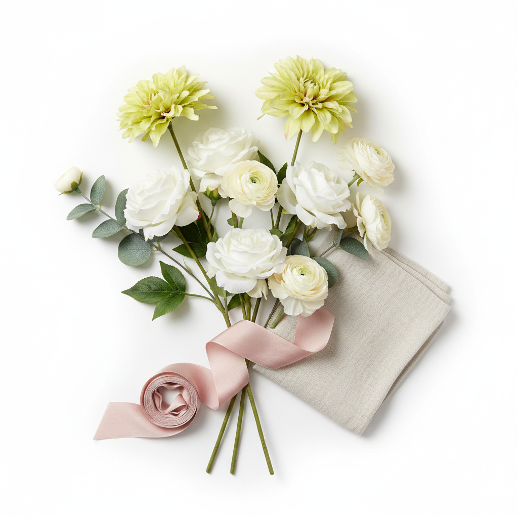 Spring flat lay of light green dahlia faux flower stems with white roses, eucalyptus sprigs and blush ribbon on white background