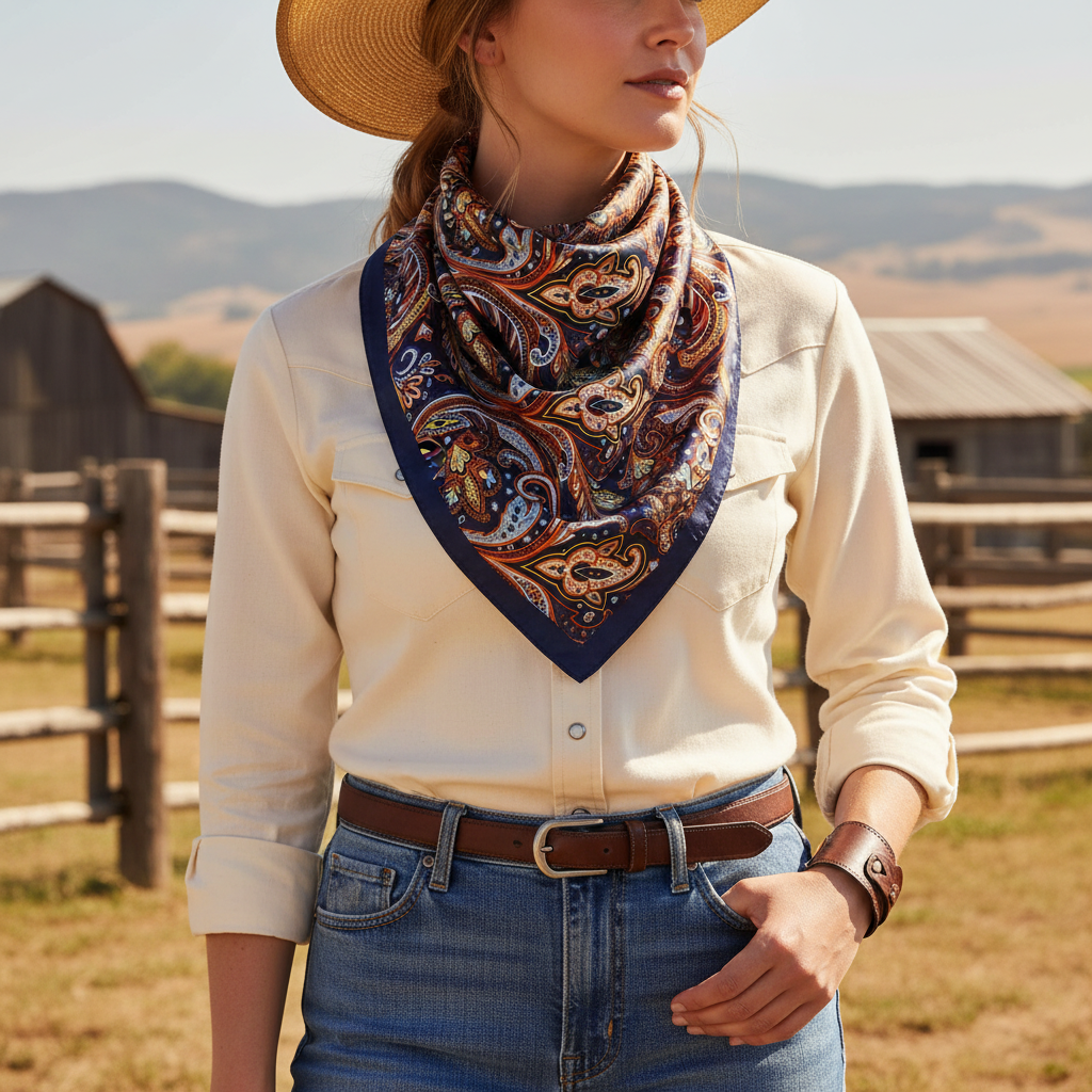 Woman wearing a navy multicolor paisley satin wild rag scarf at a Western ranch