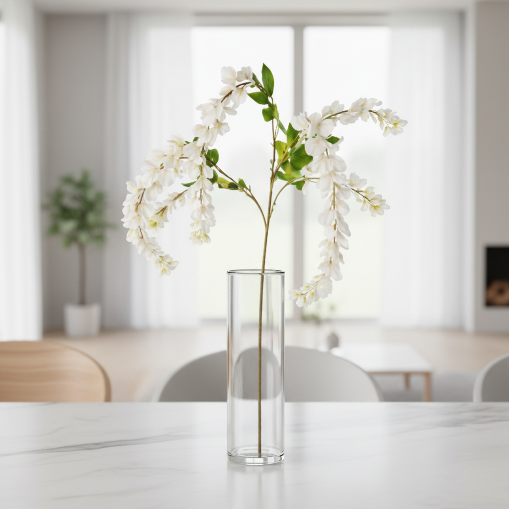 Artificial white wisteria stem in a tall clear glass vase on a marble table in a modern minimalist home interior