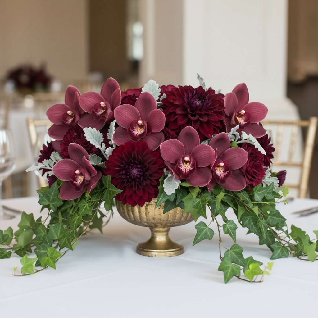 Dark wine burgundy Cymbidium orchid artificial flowers wedding centerpiece with dahlias and ivy in gold compote vase