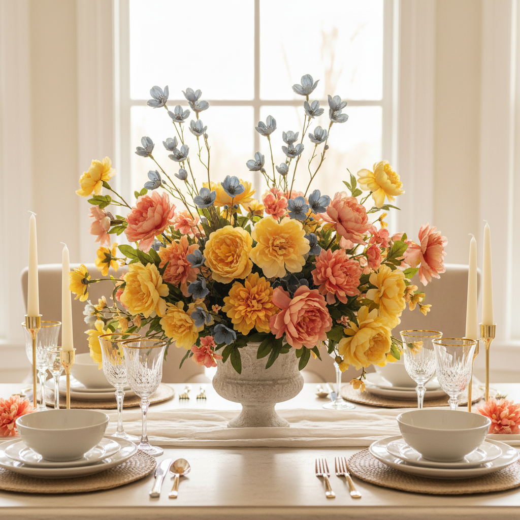Dusty blue dogwood flower stems tucked into a colorful faux floral centerpiece with yellow, coral, and blush flowers in a neutral vase on an elegant dining table with gold taper candles