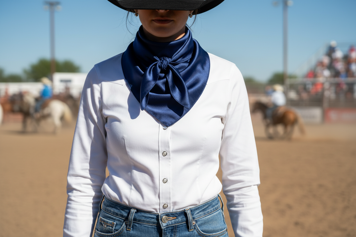 Navy blue wild rag worn at outdoor rodeo with blue sky, white western shirt and denim