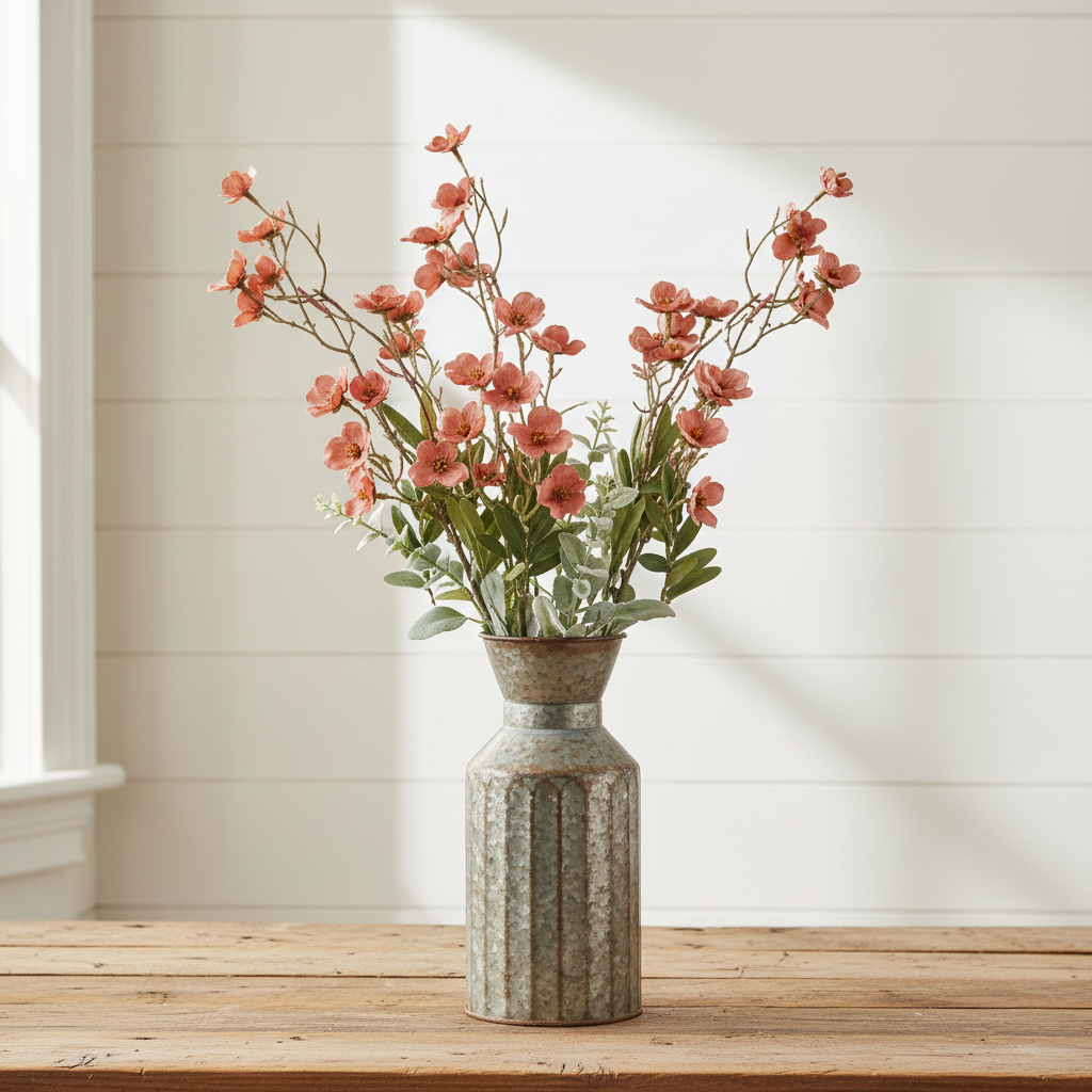Faux mauve terracotta dogwood flower stems in a white farmhouse vase on rustic wood planks with soft neutral shiplap wall background