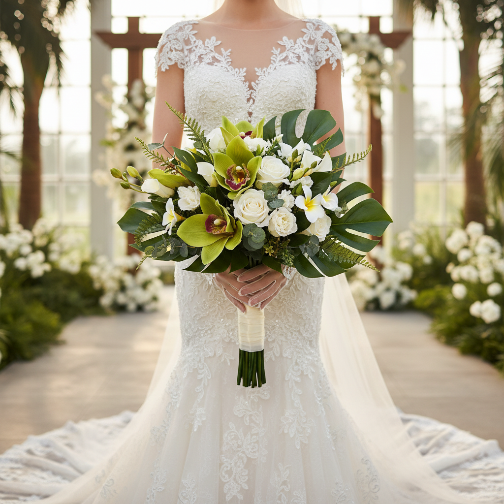 Bridal wedding bouquet featuring artificial green cymbidium orchid stems with white flowers and greenery