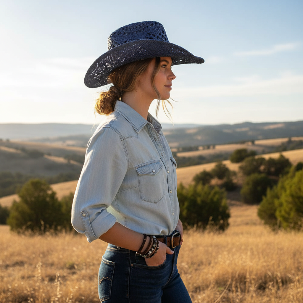 Side profile of woman wearing blue woven straw cowboy hat outdoors, showing rolled brim shape, western cowgirl casual outfit