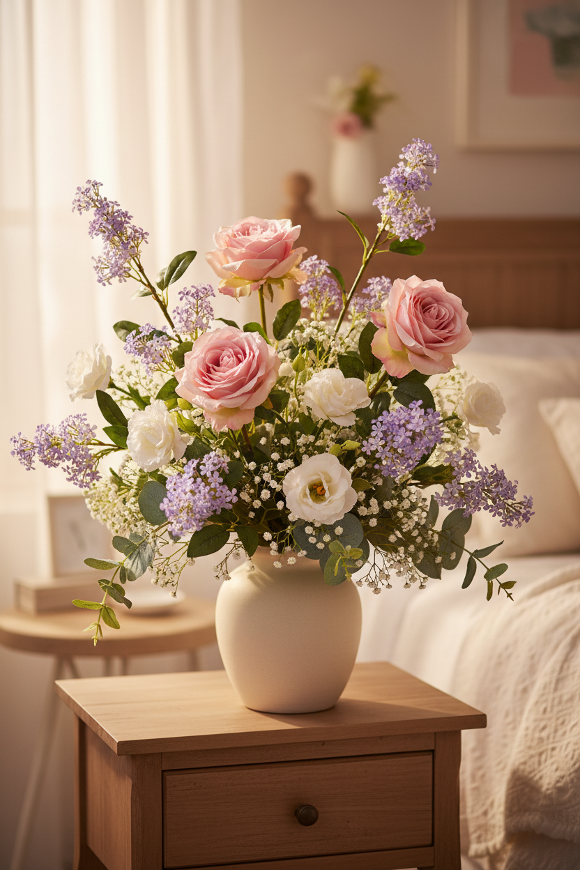Artificial purple lilac stems arranged with blush garden roses and white lisianthus in cream vase on bedroom nightstand, romantic cottage morning light