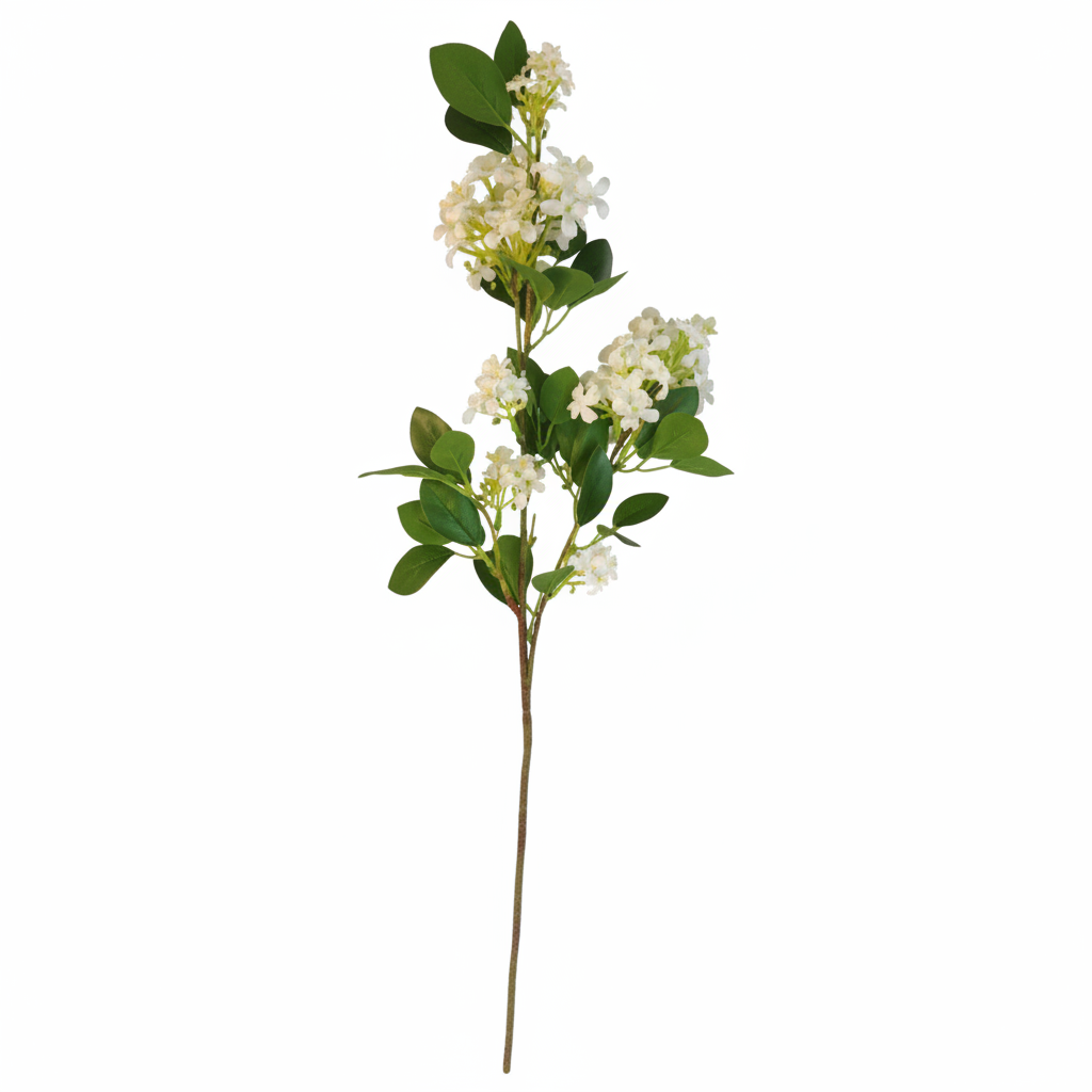 Artificial white blossom stem 29 inch with clustered white blooms and green leaves on pure white background