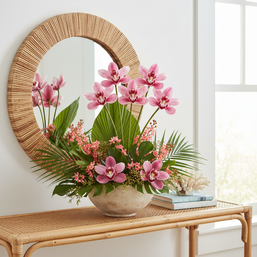 Deep hot pink Cymbidium orchid stems arranged in a stone bowl vase on a rattan console table with tropical coastal home decor styling