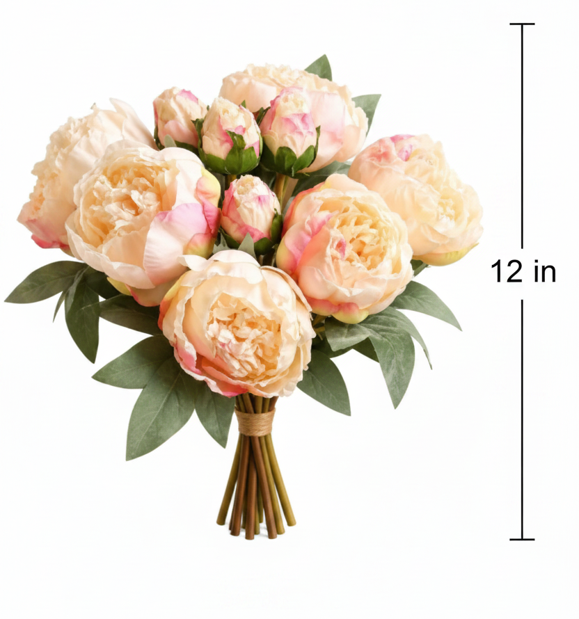 Size diagram of cream and blush pink faux peony bouquet showing overall height of 12 inches on white background