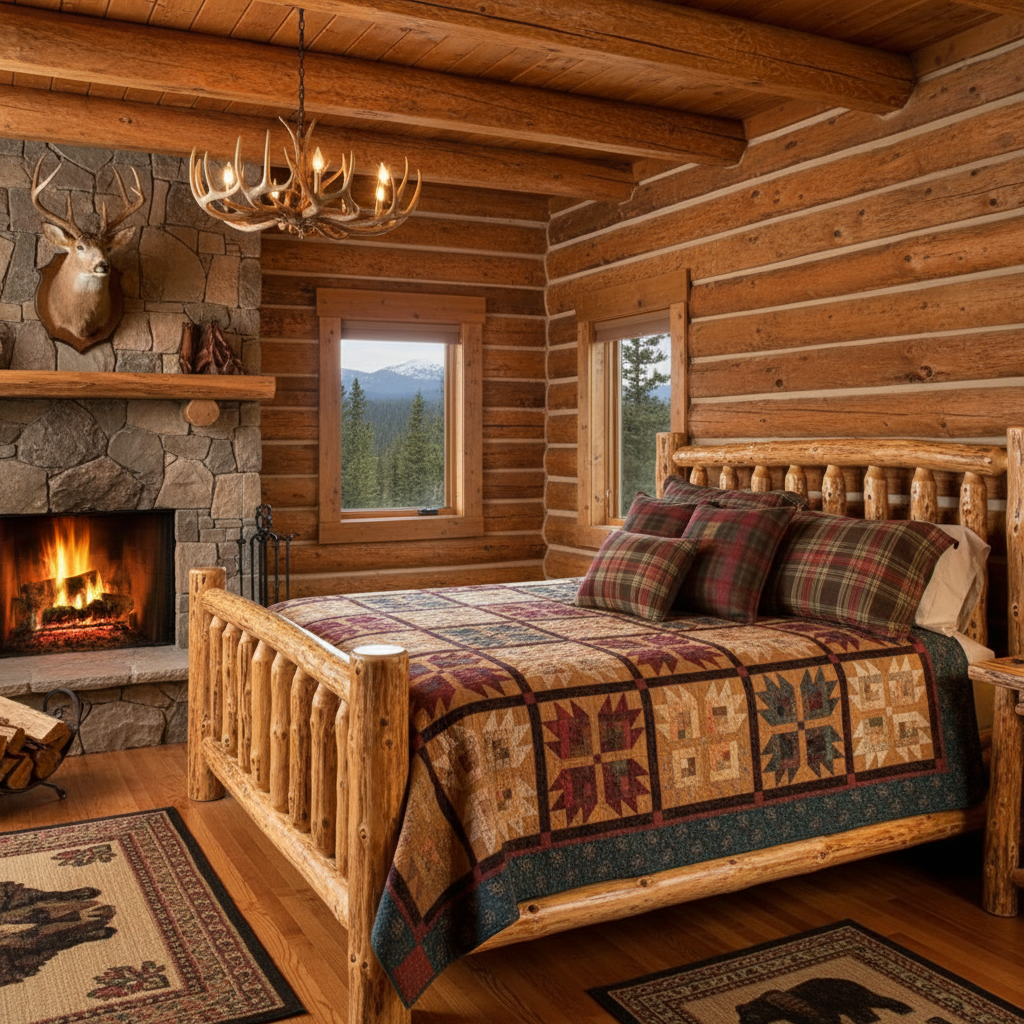 Traditional Bears Paw quilt on bed in rustic log cabin bedroom - hunting lodge decor inspiration