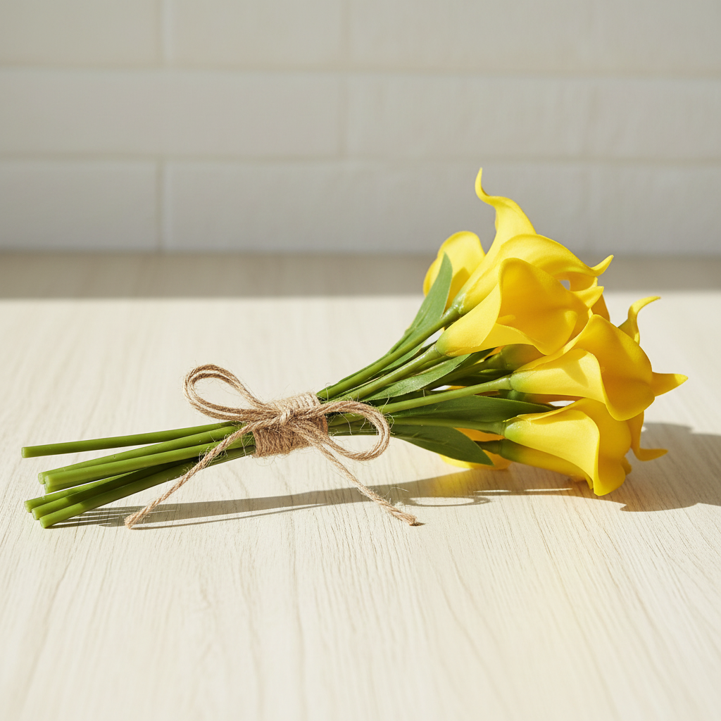 Sunny yellow faux calla lily stems bundled with natural twine on light wood surface, DIY spring wedding craft styling