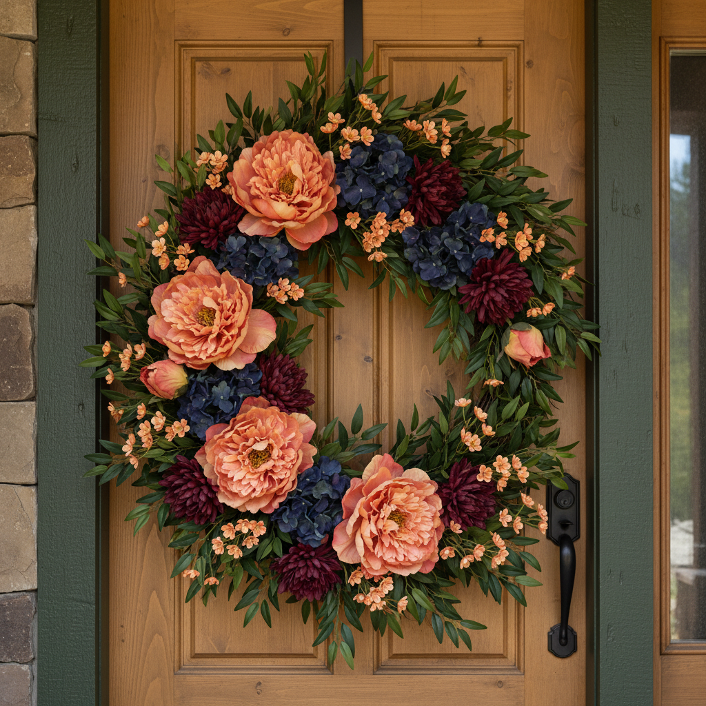 Peach coral faux peony stems featured in a full asymmetrical autumn wreath on a log home front door, styled with dark delphinium blue hydrangea, burgundy mums, light orange waxflower, and dark olive greenery, upscale mountain lodge entry decor