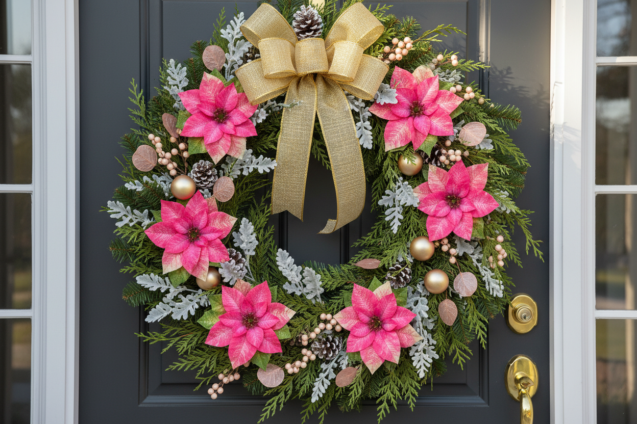 Florist-quality Christmas wreath featuring pink poinsettia bloom heads with gold ribbon, frosted eucalyptus, pink berries, and pine cones on an elegant door