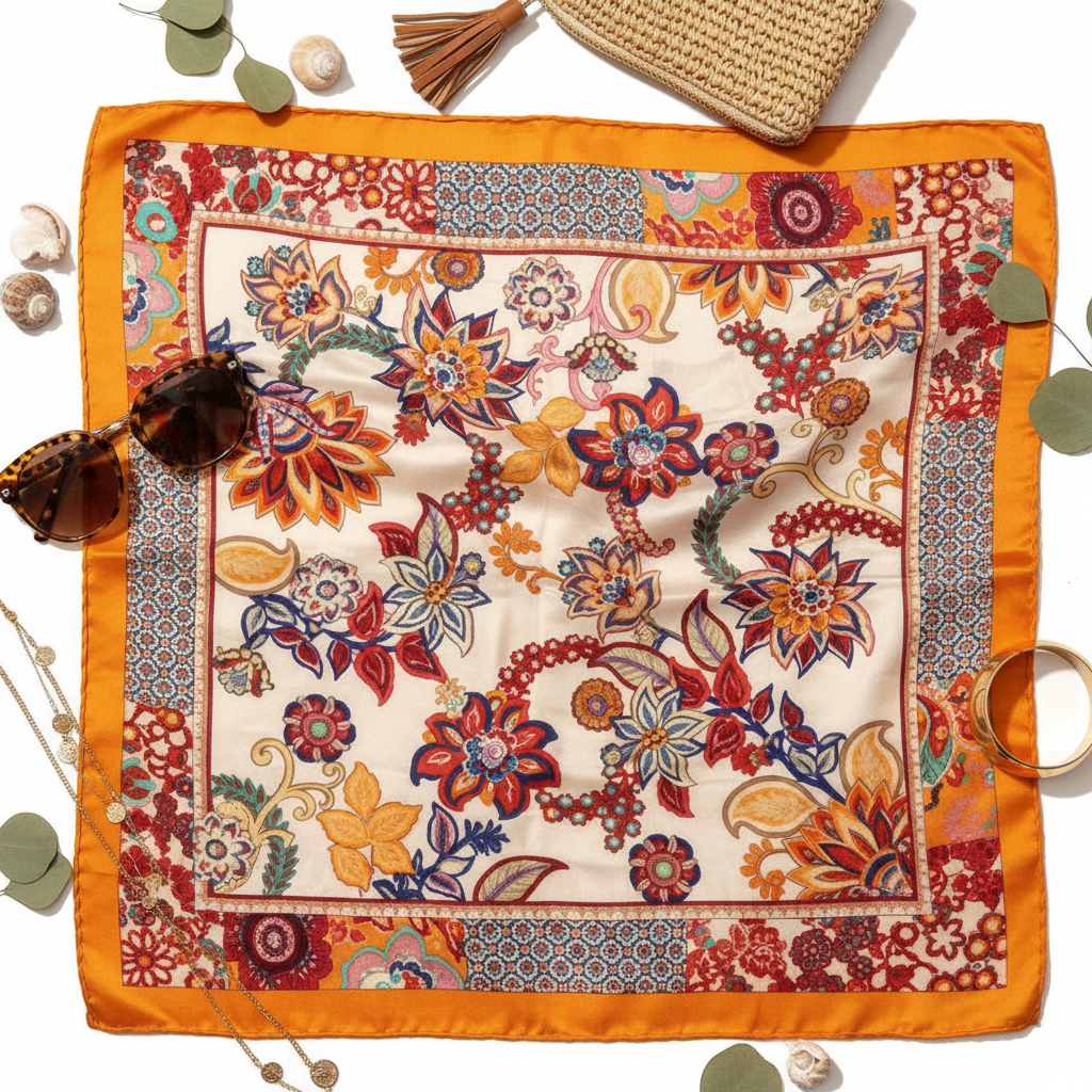 Flat lay of orange floral bohemian scarf with fashion accessories on white background
