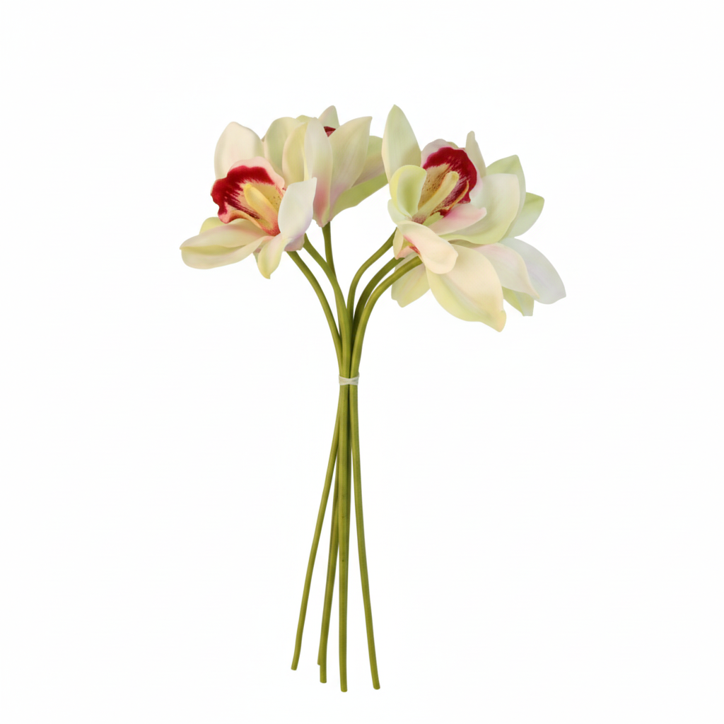 Artificial cream and pale green Cymbidium orchid bouquet with burgundy centers set of 6 stems on pure white background, faux orchid floral arrangement 15 inch