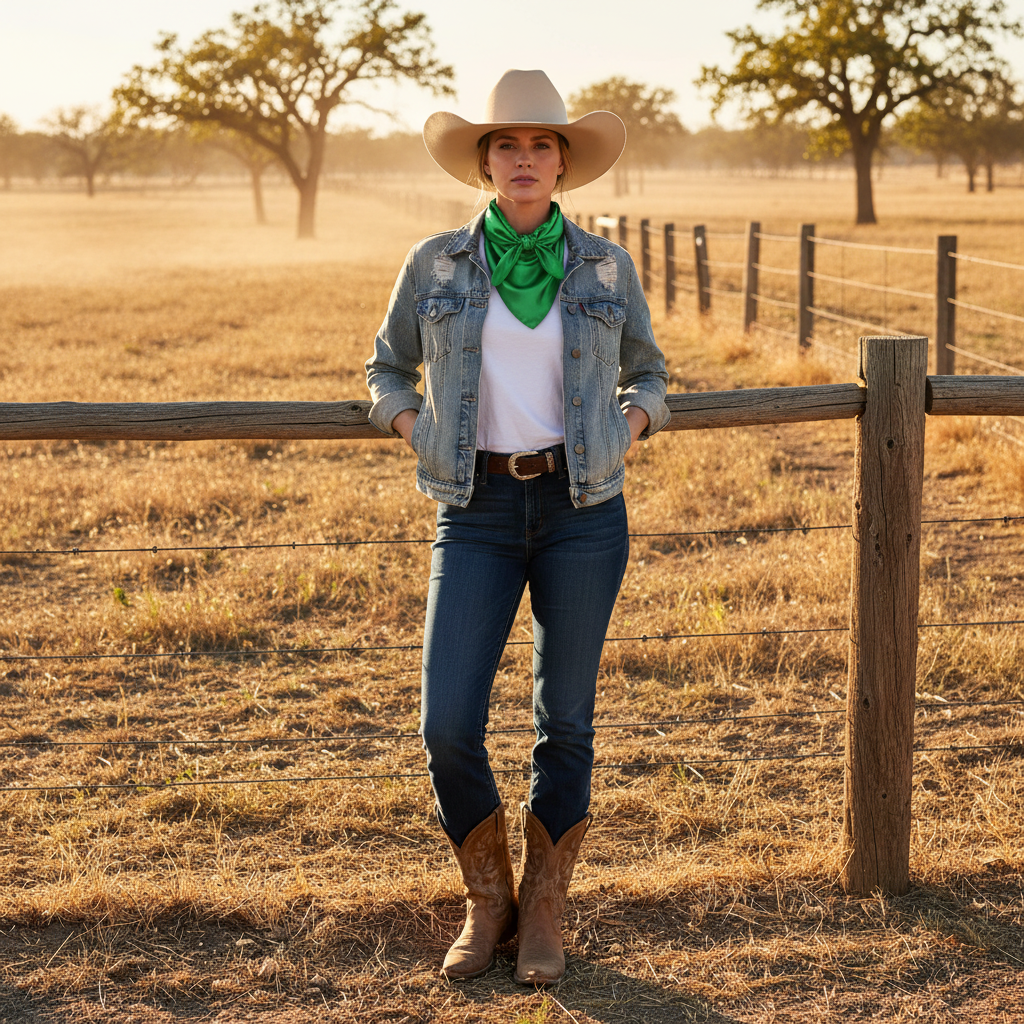 Woman wearing emerald green wild rag scarf in ranch setting with western attire