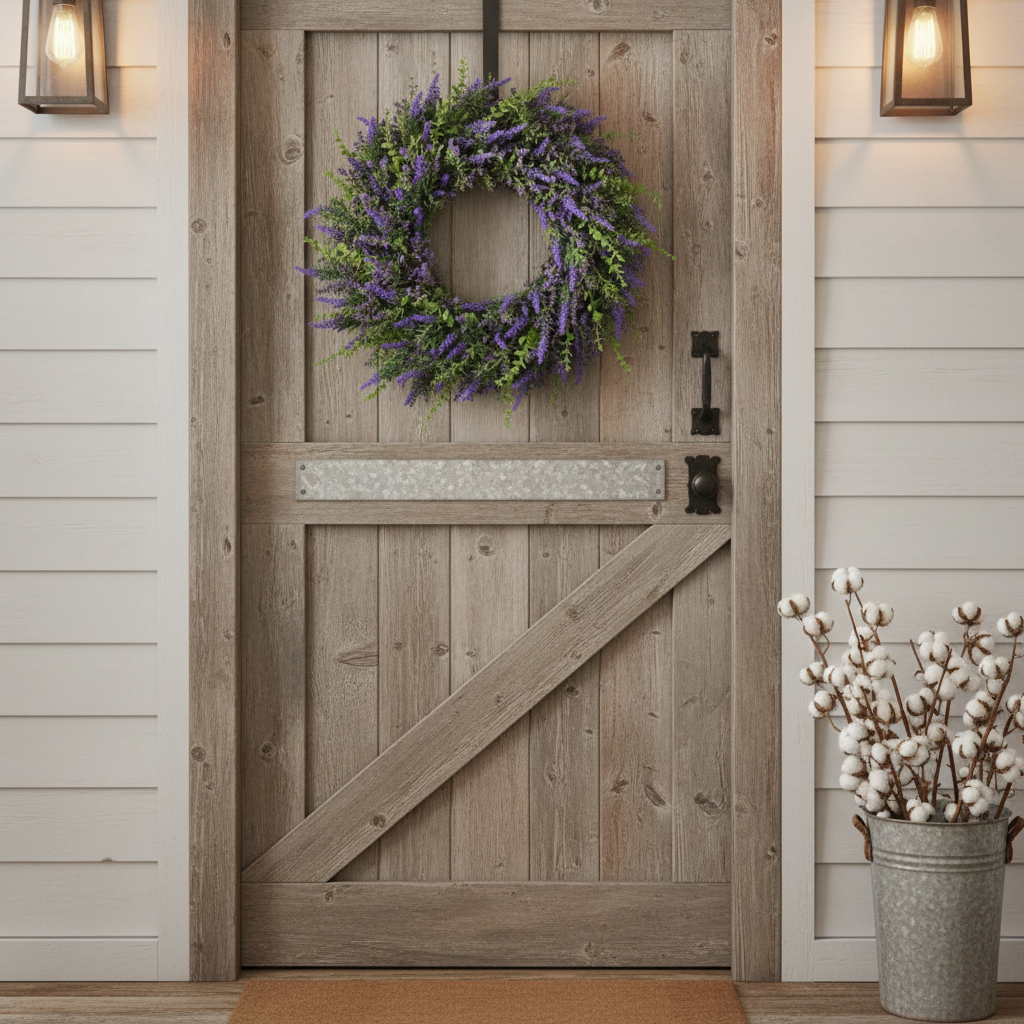 Purple faux lavender wreath on a rustic farmhouse barn wood front door with galvanized metal accents