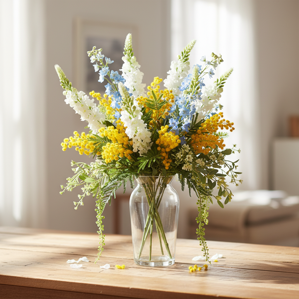 White snapdragon stems with yellow mimosa and blue delphinium farmhouse arrangement