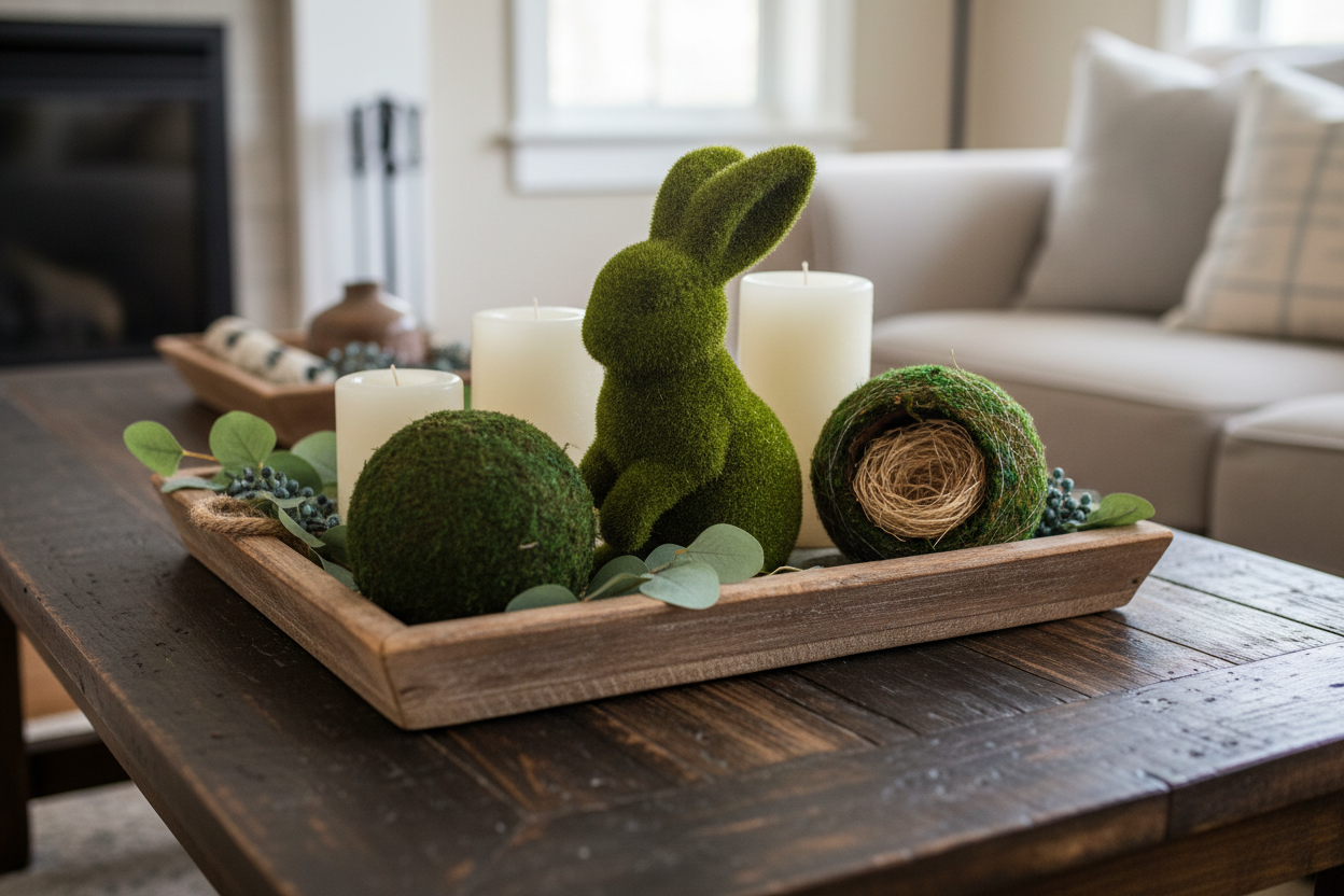 Rustic wooden tray styled with moss bunny, open moss balls with raffia nests, candles and eucalyptus for farmhouse decor