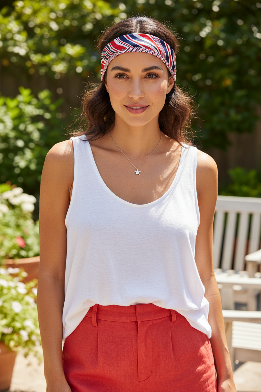 Woman with olive skin tone and dark hair wearing a red white navy blue abstract wave satin scarf tied as a headband across the forehead in a casual patriotic summer outfit