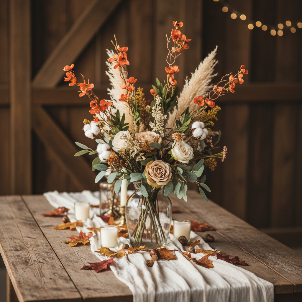 Artificial terracotta coral dogwood stems in rustic fall wedding centerpiece with cotton stems and neutral florals on linen table runner