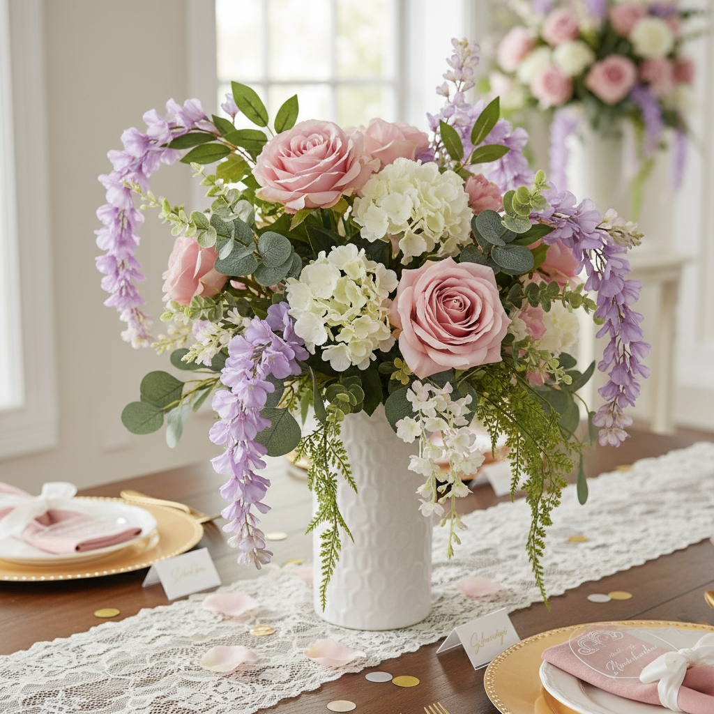Artificial lavender wisteria stem in a romantic bridal shower centerpiece with blush roses, white hydrangeas, and soft greenery
