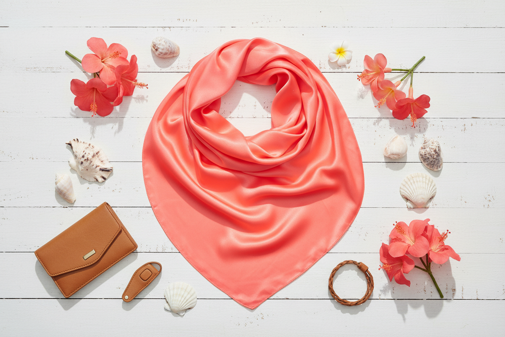 Coral wild rag flat lay with tropical flowers, white shells, and tan leather accessories on white wood