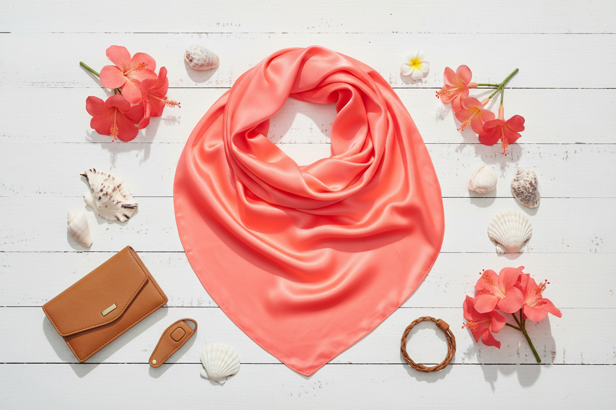 Coral wild rag flat lay with tropical flowers, white shells, and tan leather accessories on white wood