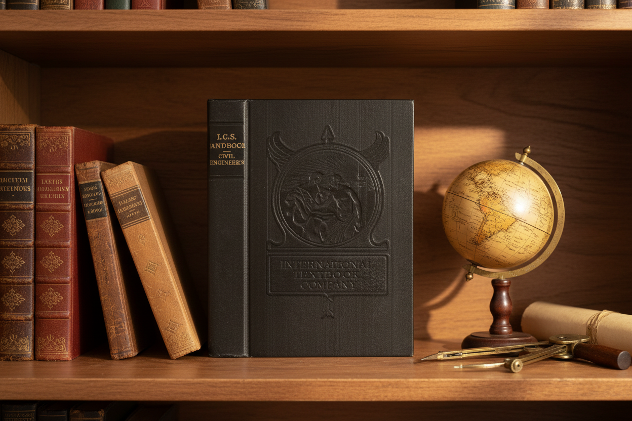 1935 ICS Civil Engineers Handbook antique hardcover book displayed on vintage wooden bookshelf with leather-bound books, brass globe, and drafting tools