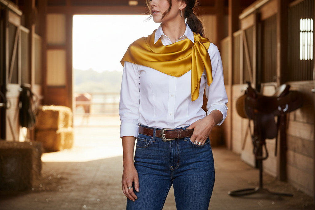 Golden yellow satin wild rag draped as elegant shoulder wrap with white shirt, western fashion styling