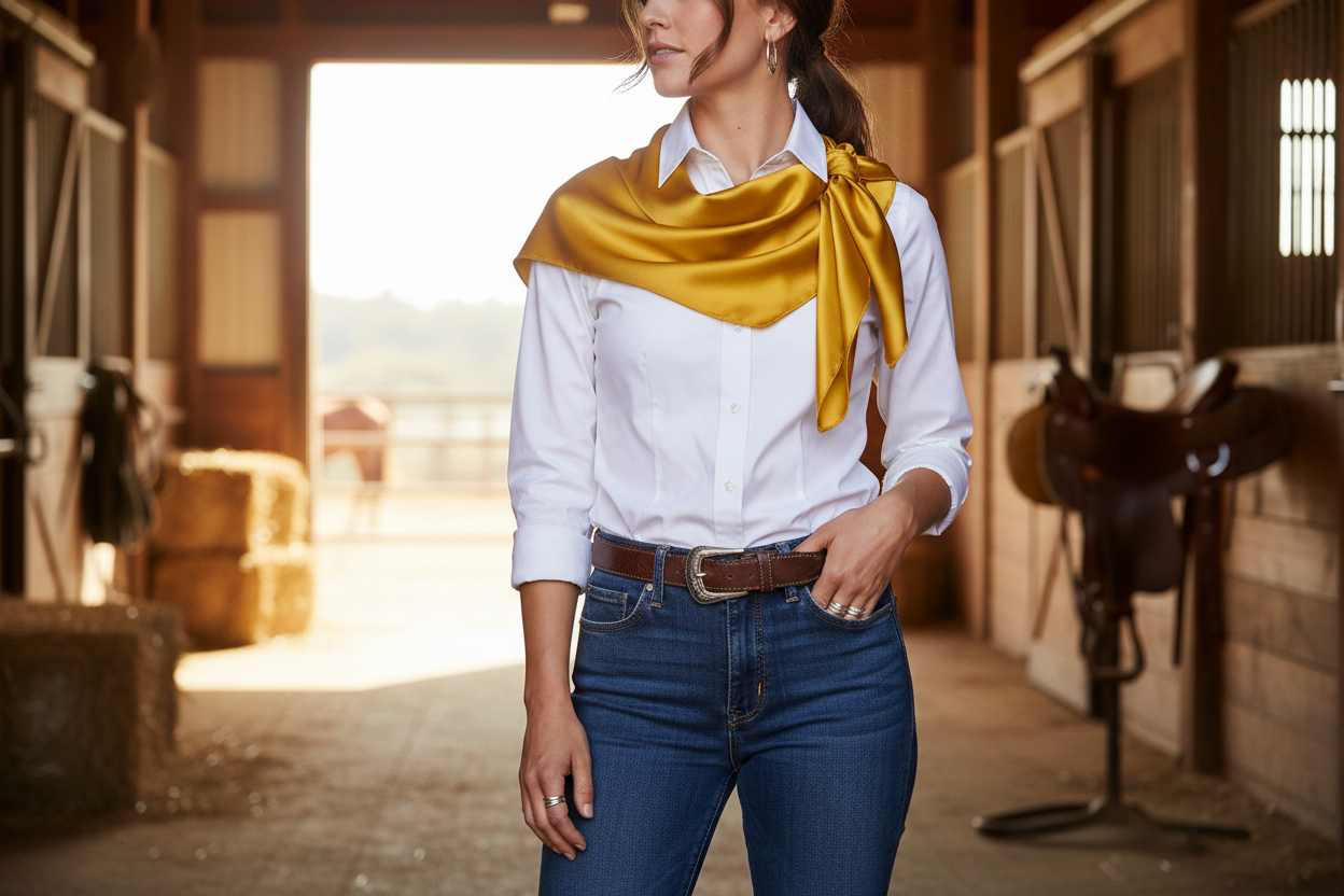 Golden yellow satin wild rag draped as elegant shoulder wrap with white shirt, western fashion styling