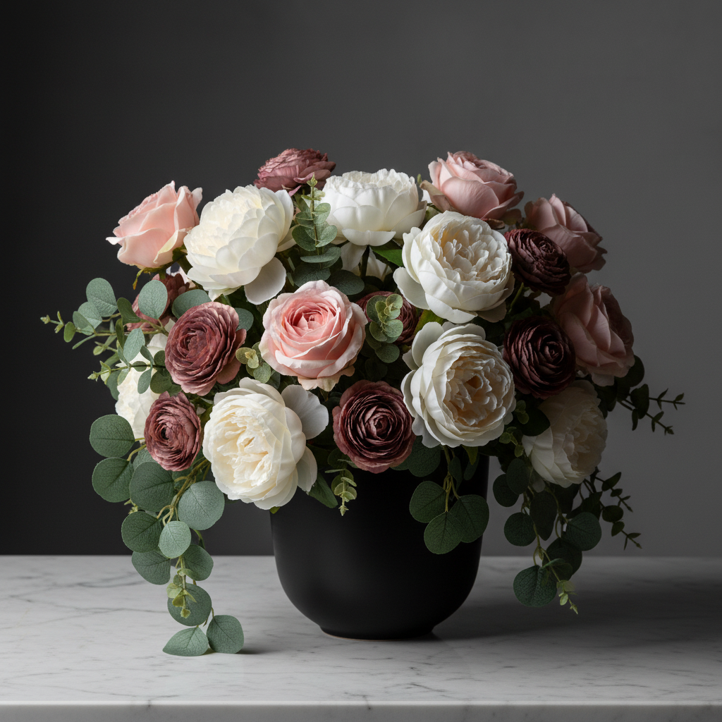 Lush high-end floral arrangement with blush pink roses, ivory peonies, dusty mauve ranunculus and eucalyptus in a matte black vase