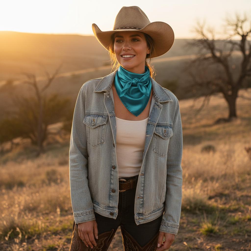 Woman wearing teal satin wild rag scarf as a western neck bandana with cowboy hat – rodeo and ranch wear styling