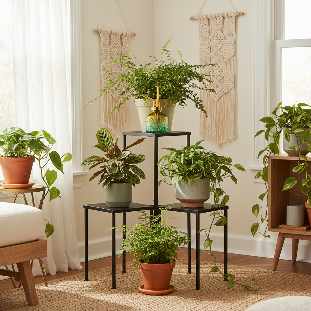 Green yellow gradient glass plant mister on tiered metal plant stand with ferns, prayer plants, and philodendrons in bohemian living room