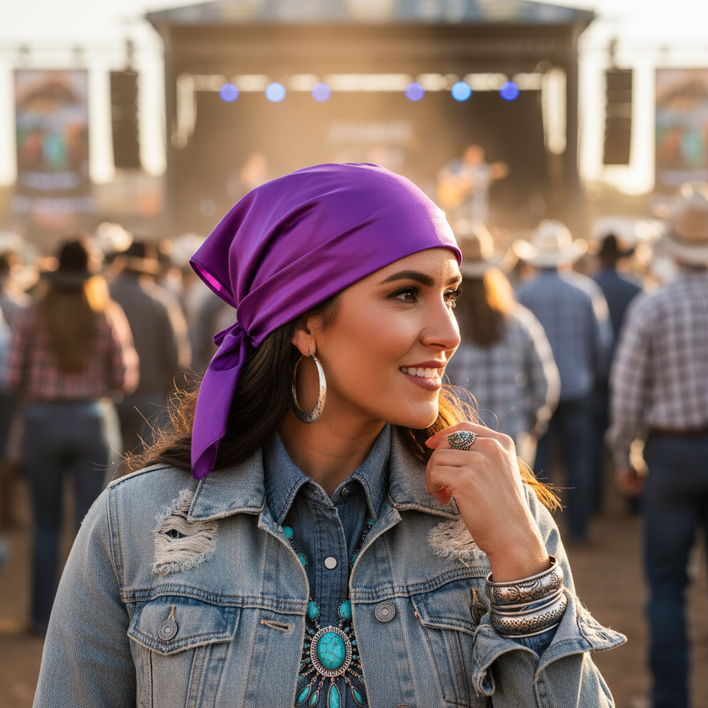 Violet purple wild rag scarf styled as head scarf at rodeo with western jewelry